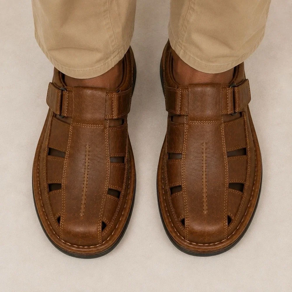 Alfani Men's Size 10 Brown Leather Fisherman Sandals and Comfort Slip-On
